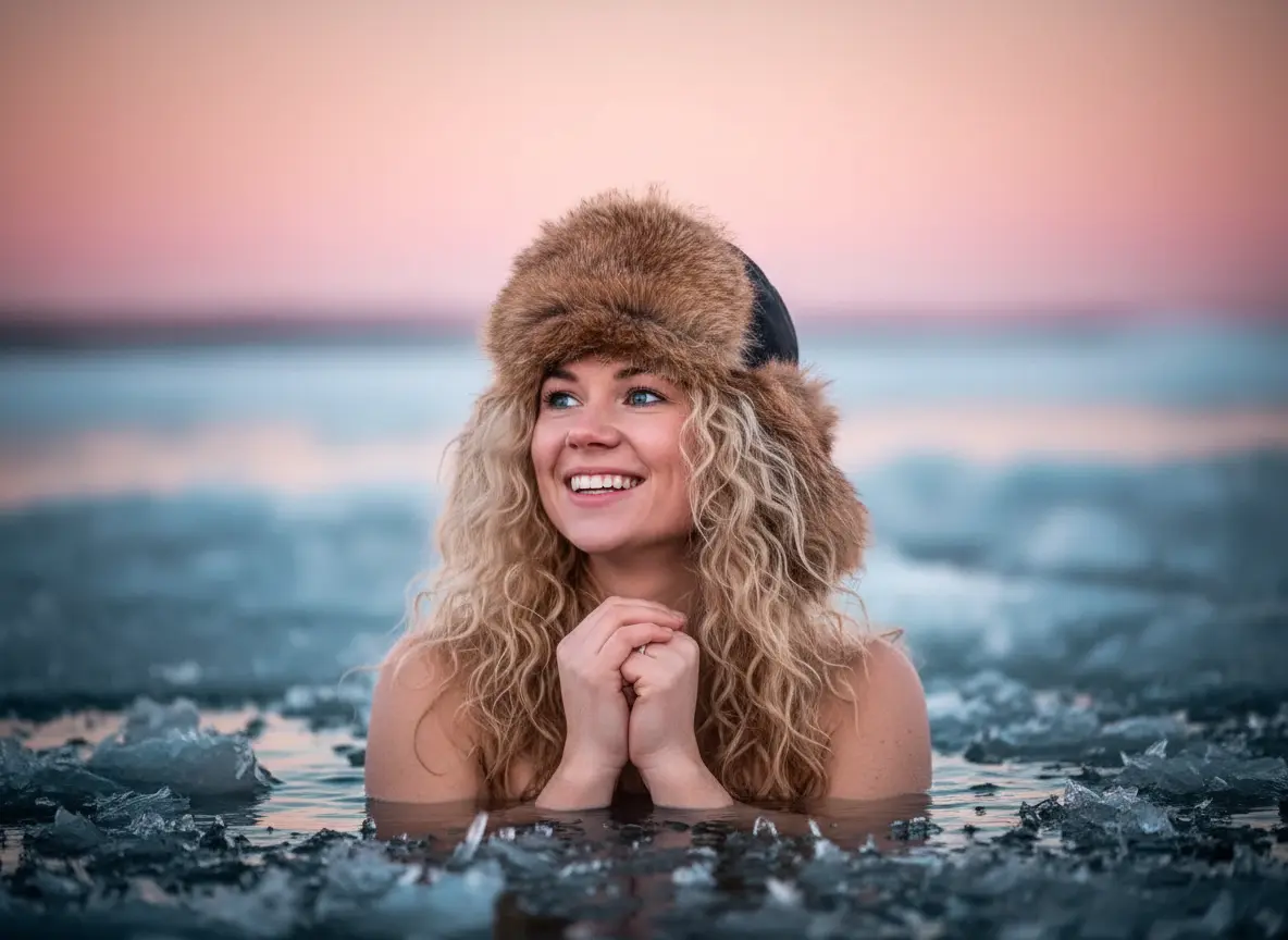 Woman with beanie doing cold plunge outdoors – ice bathing